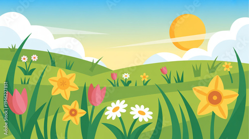 Vector illustration of colorful spring flowers in a green field