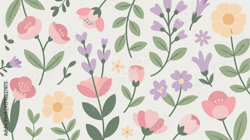 Set of colorful floral pattern vector, pastel flowers and leaves