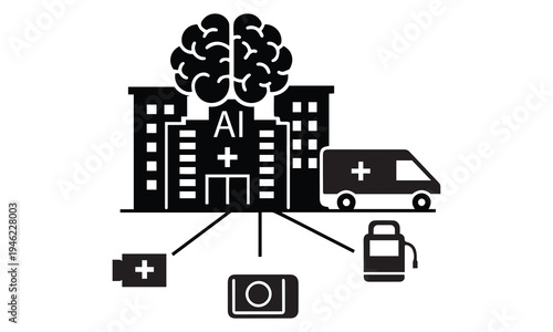 Ai powered hospital and ambulance with brain icon for smart healthcare system concept