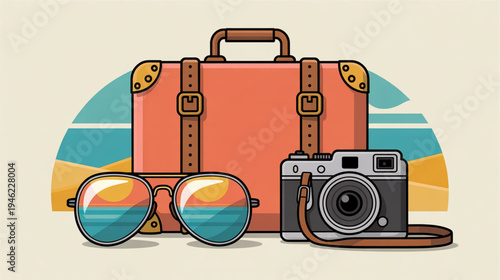 Vector illustration of travel accessories with suitcase, sunglasses, and camera