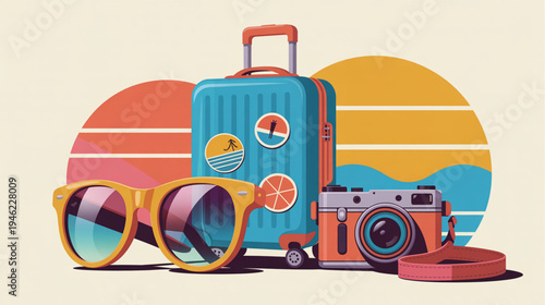 Vector illustration of travel accessories with luggage, sunglasses, and camera