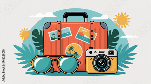 Vector travel icons set with suitcase, sunglasses, and camera