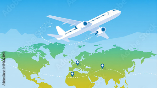Vector airplane flying over world map with travel route