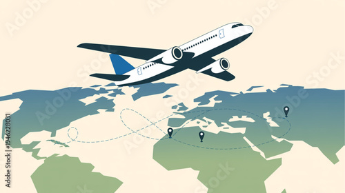 Vector airplane flying over world map with travel route