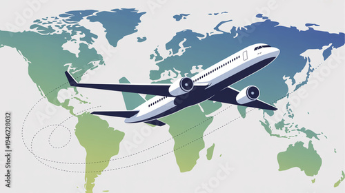 Vector airplane flying over world map background