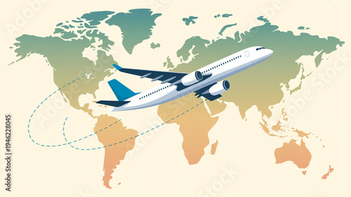Vector airplane flying over world map, travel background
