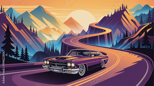 Vector illustration of purple vintage car on winding mountain road at sunset