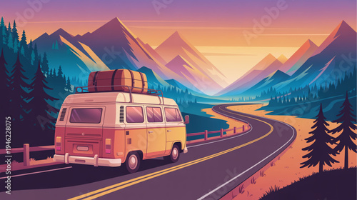 Vector illustration of a camper van driving on a winding road through a scenic mountain landscape