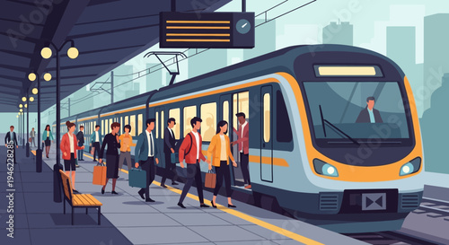 Commuters Boarding and Exiting Modern Train at City Railway Station Platform