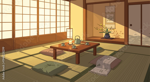 Cozy Traditional Japanese Room with Tatami Mats and Tea Set