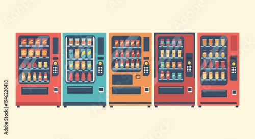 Set of Colorful Vending Machines with Snacks and Drinks