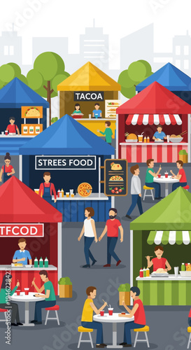 Street Food Festival Market with Colorful Stalls and Happy People Eating