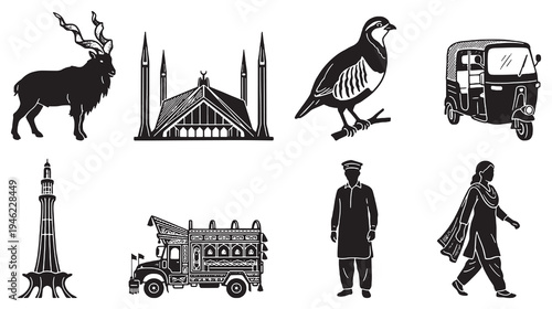 Collection of Pakistani cultural icons including national symbols, landmarks, and people in silhouette.