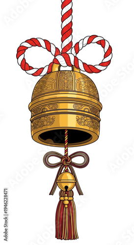 Traditional Japanese Suzu Bell with Red and White Rope