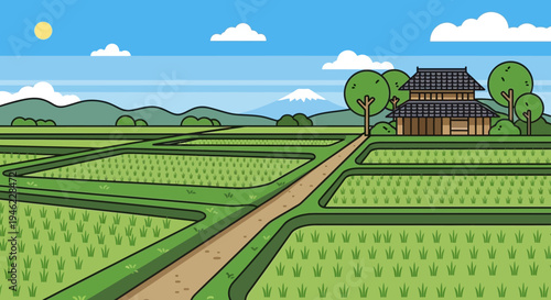 Vector Illustration of Traditional Japanese Rice Fields and Rural Farmhouse