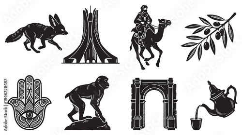 Collection of iconic symbols and landmarks from Algeria, including animals, architecture, and cultural elements.