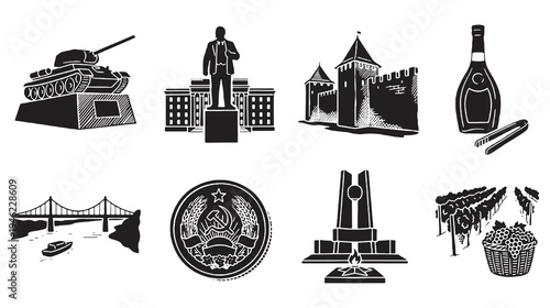 Collection of black and white vector icons representing landmarks, monuments, and objects.