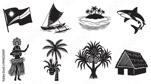 Collection of black and white illustrations representing tropical island life, including a flag, canoe, island, shark, dancer, palm trees, and hut.