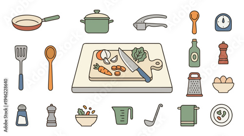 Professional Kitchenware Set with Cooking Tools and Chef Equipment Icons