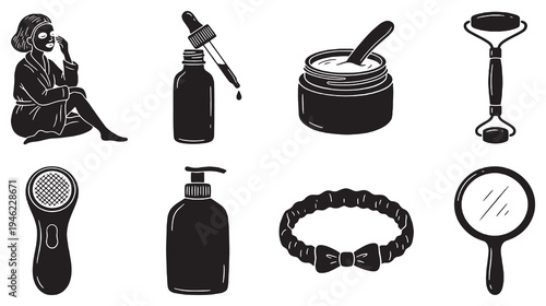 Collection of beauty and skincare products and accessories, presented in a clean, modern silhouette style.