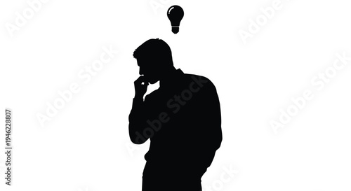 Silhouette of a man deep in thought with a lightbulb above his head