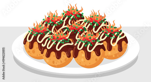 Illustration of Japanese Takoyaki Octopus Balls on a Plate