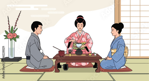 Japanese Tea Ceremony with People in Kimono