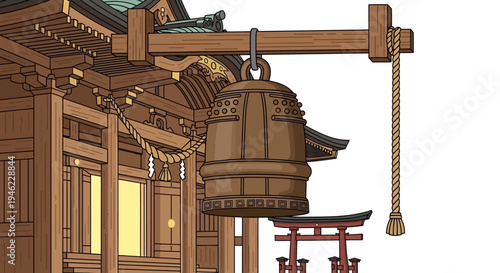 Japanese Temple Bell and Shinto Shrine Architecture Illustration