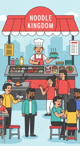 Noodle Kingdom Street Food Stall with Chef and Customers