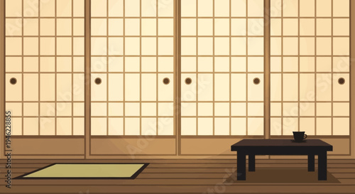 Minimalist Japanese Room Interior with Sliding Shoji Doors and Tea Table