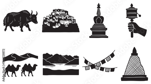 Collection of Tibetan cultural symbols and landscapes, including a yak, monastery, stupa, prayer wheel, camels, desert dunes, mountains, and prayer flags.