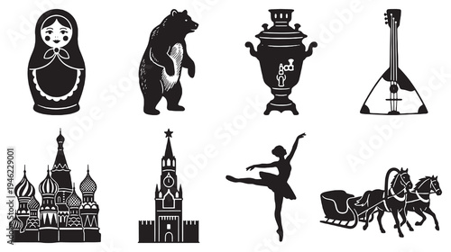 Collection of Russian cultural symbols and icons in silhouette, including Matryoshka doll, bear, samovar, balalaika, St. Basil's Cathedral, Spasskaya Tower, ballet dancer, and horse-drawn sleigh.