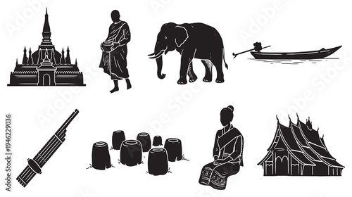 Collection of Silhouettes Representing Southeast Asian Culture and Traditions.