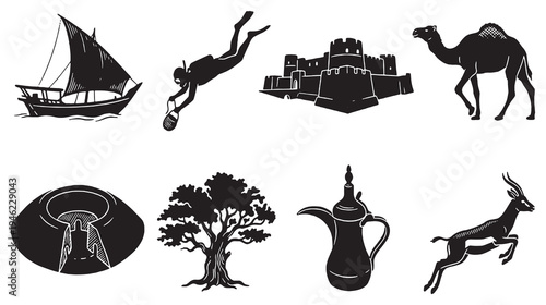 Collection of Silhouette Icons Representing Middle Eastern Culture and Wildlife.
