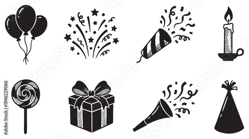 Collection of black and white hand-drawn celebration icons including balloons, fireworks, party poppers, candle, lollipop, gift box, party horn, and party hat.