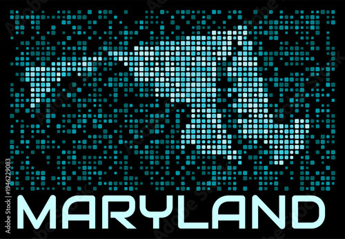 Maryland, United States digital dotted map. Shape of the state in cyan color palette on dark background. Futuristic Maryland, United States map design. Vector illustration.