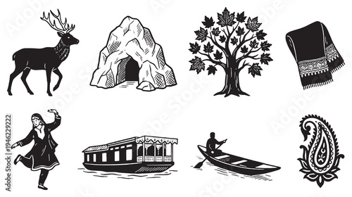 Collection of illustrative icons representing nature, culture, and travel elements.
