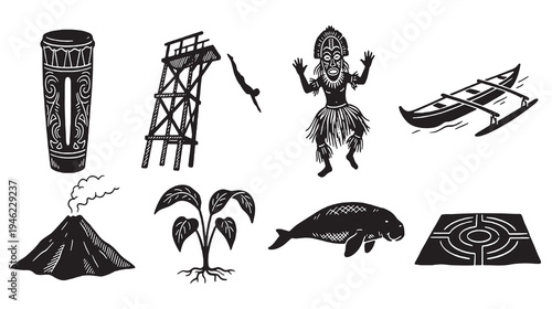 Collection of Polynesian cultural and natural elements including a drum, diving tower, tribal dancer, outrigger canoe, volcano, plant, manatee, and maze.
