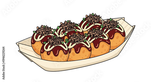 Hand-Drawn Illustration of Japanese Takoyaki Octopus Balls in a Paper Boat