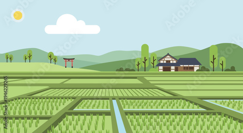 Flat Vector Illustration of Japanese Rice Fields and Traditional House
