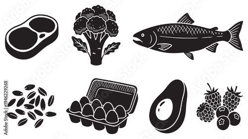 A collection of healthy food icons including steak, broccoli, fish, grains, eggs, avocado, and berries.