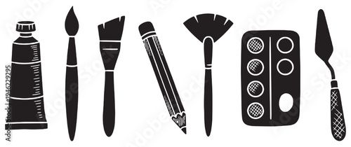 Collection of black silhouette art supplies including paint tubes, brushes, pencil, palette, and palette knife.