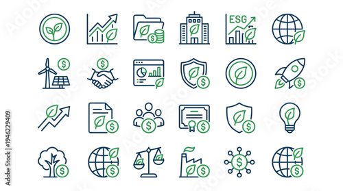 Collection of Environmental and Sustainability Icons in Line Art Style. Vector Icons Set