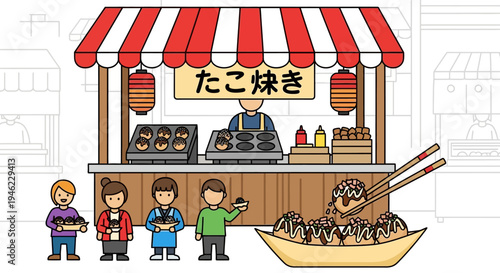Takoyaki Street Food Stall with Customers and Delicious Octopus Balls