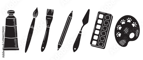 A collection of black and white illustrations of art supplies including a paint tube, brushes, pencil, palette knife, watercolor palette, and a painter's palette.