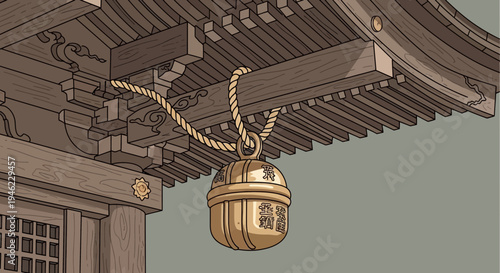 Traditional Japanese Shrine Bell Hanging from Wooden Eaves