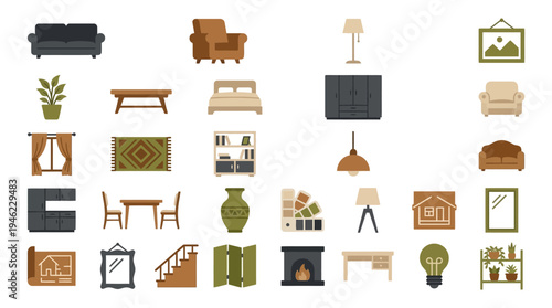Collection of Interior Home Decor Items and Furniture Pieces. Vector Icons Set