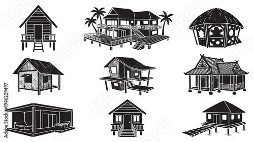 Collection of diverse tropical stilt house illustrations in a black and white sketch style.