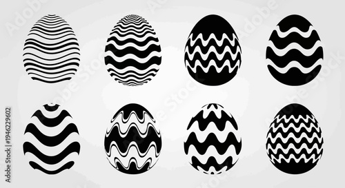 Set of Black and White Easter Egg Icons with Wave Pattern Vector Design