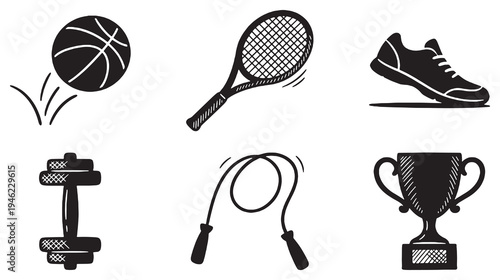 Collection of six black and white icons representing sports and fitness equipment, including a basketball, tennis racket, running shoe, dumbbell, jump rope, and trophy.